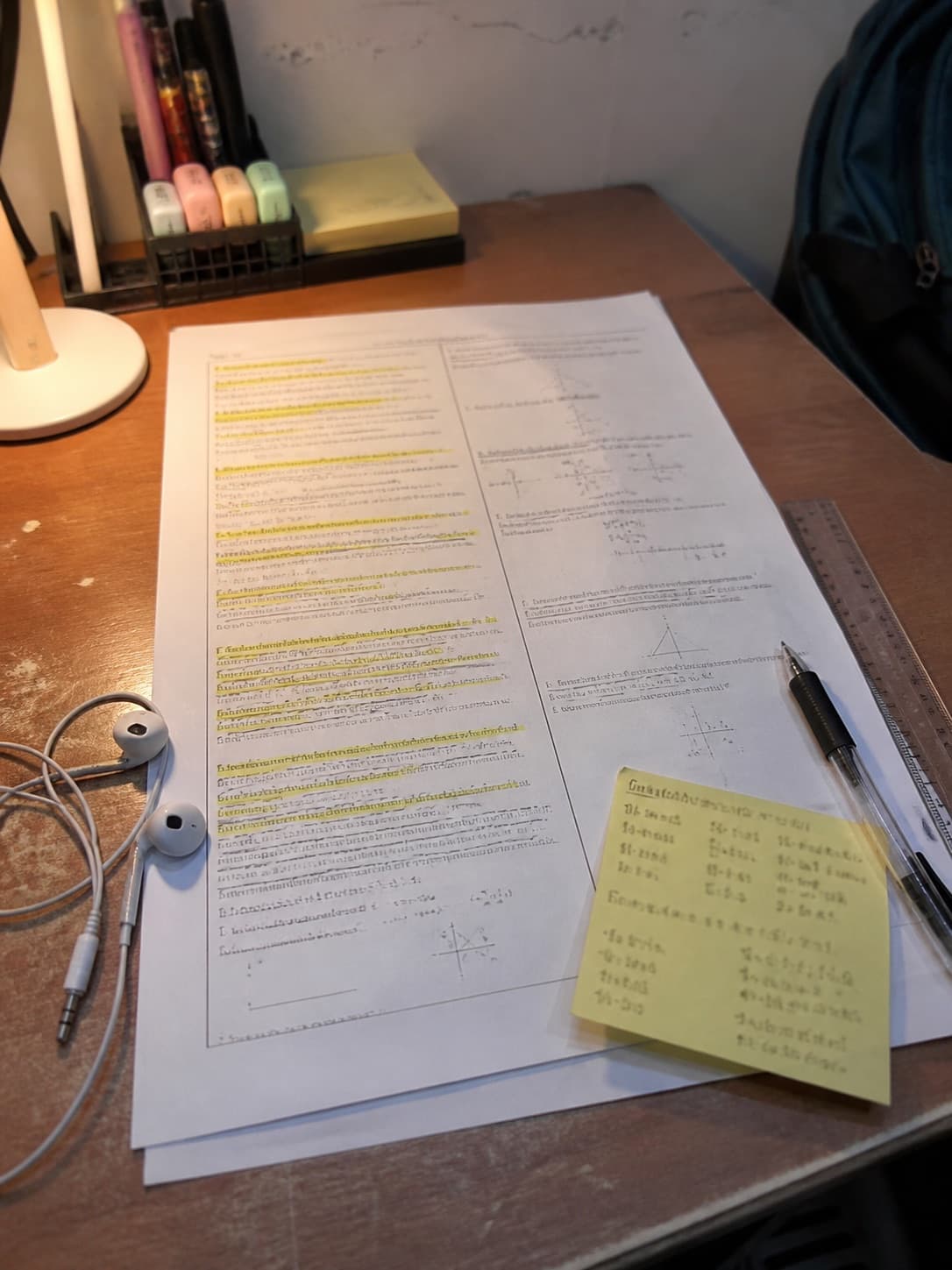 Two-column revision sheets, highlights, a vocabulary note and earphones on a student desk