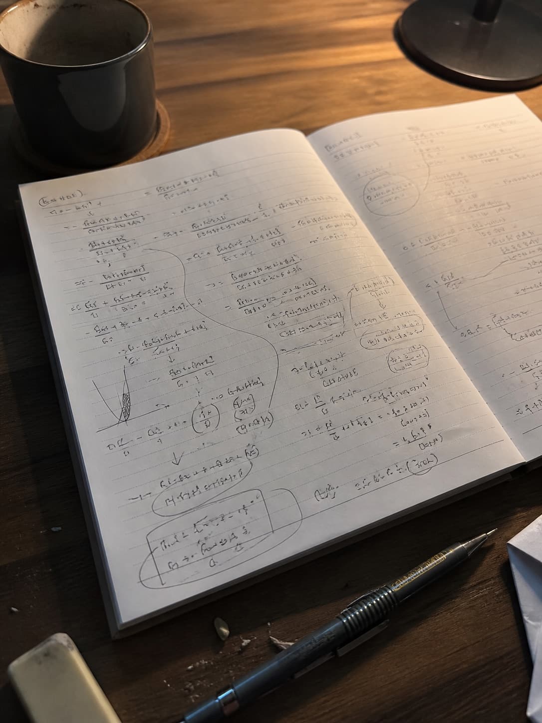 An open maths error notebook filled with annotations, arrows and rewritten working